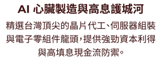 AI 心臟製造與高息護城河：精選台灣頂尖的晶片代工、伺服器組裝與電子零組件龍頭，提供強勁資本利得與高填息現金流防禦。